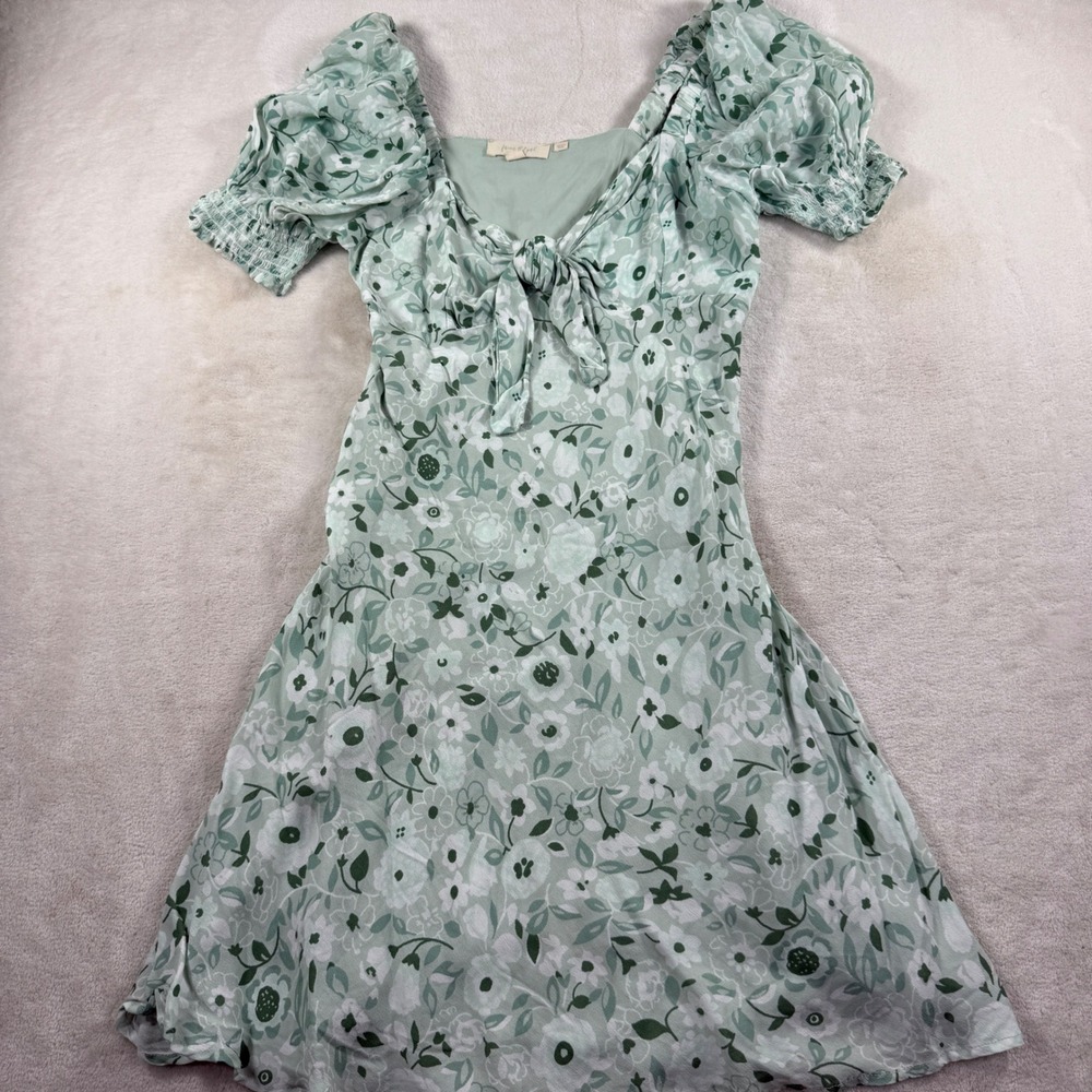 Forever That Girl Womens Sage Green Floral Puff Sleeve Tie Front Mini‎ Dress SP